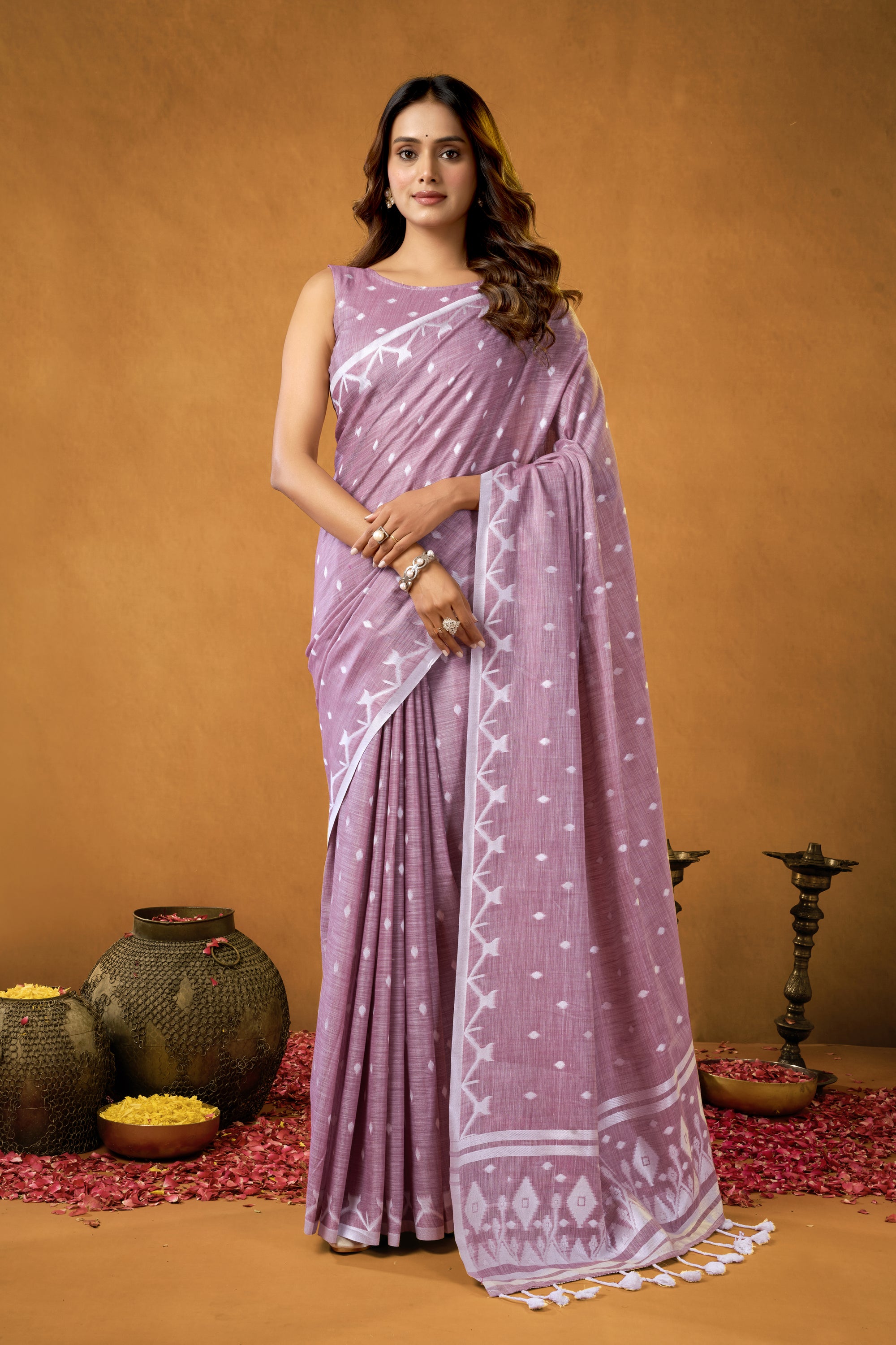 Aarohi Pure Linen Saree –Chikankari Border & Pallu (Lavender)