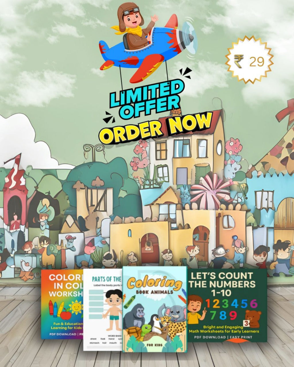 Early Learning Fun Pack – 5 Printable Worksheets for Kids (Ages 3+) | Learn Colors, Counting, Animals & More